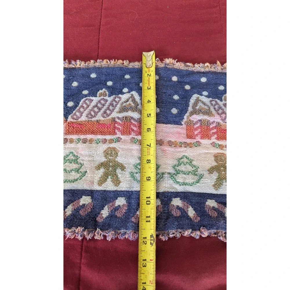 Vintage Christmas Tapestry Table Runner Gingerbread Winter Village Fringe 64in‎